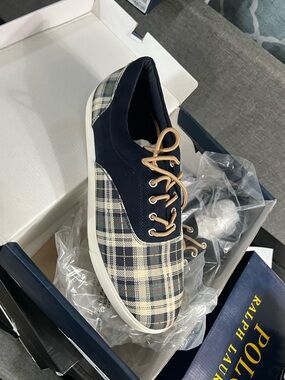 Polo by Ralph Lauren Navy Plaid Low-Top Sneakers with Tan Laces